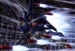  absurdres artist_request battle beam_cannon beam_rifle blurry blurry_foreground building contrail damaged dirty energy_gun firing flying full_armor_zz_gundam glint glowing glowing_eyes green_eyes gundam gundam_perfect_file gundam_zz highres itano_circus magazine_scan mecha mecha_focus missile missile_pod mobile_suit motion_blur no_humans official_art realistic robot ruins scan scene_reference science_fiction shield space_habitat thrusters traditional_media v-fin weapon window 