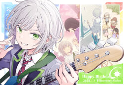  4girls age_progression aged_down backpack bag black_hair blonde_hair blue_hoodie border brown_hair brown_jacket character_name closed_eyes collared_shirt dated denim denim_jacket diagonal-striped_clothes diagonal-striped_necktie dress english_text facing_away green_eyes grey_hair grin happy_birthday highres hinomori_shiho holding_hands hood hoodie hoshino_ichika_(project_sekai) jacket leo/need_(project_sekai) long_hair looking_at_viewer mochizuki_honami multiple_girls necktie open_mouth pink_dress project_sekai purple_shirt red_necktie shirt short_hair smile striped_clothes sunset t-shirt tenma_saki twintails upper_body white_necktie white_shirt window yuma727272 