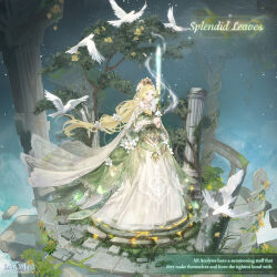  1girl artist_request bird blonde_hair blue_sky bug butterfly character_name closed_mouth clouds copyright_logo crown dove dress dress_flower english_text expressionless floating_clothes floating_hair floating_island flower frilled_sleeves frilled_wrist_cuffs frills full_body fur_scarf gold_crown gown green_dress green_eyes green_wrist_cuffs hair_flower hair_ornament holding holding_sword holding_weapon layered_dress lipstick logo long_hair long_sleeves looking_ahead magic makeup miracle_nikki moss multi-tied_hair night nikki_(series) official_art outdoors pillar pleated_dress print_dress queen red_lips scarf sky solo splendid_leaves_(miracle_nikki) standing star_(sky) starry_sky sword third-party_source three-quarter_sleeves tree very_long_hair weapon white_dress white_flower white_scarf wrist_cuffs 