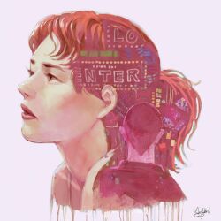  1boy 1girl brother_and_sister brown_eyes commentary english_commentary enter_the_void faux_traditional_media geloko linda_(enter_the_void) looking_ahead neon_lights oscar_(enter_the_void) parted_lips ponytail profile short_hair siblings sign signature 