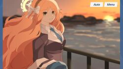  1girl black_jacket blue_archive blue_necktie collared_shirt cosplay fence freckles hair_ribbon hairband halo highres holding holding_unworn_clothes ishmael_(project_moon) jacket limbus_company long_hair looking_at_viewer necktie ngancurindunia orange_hair pillarboxed project_moon ribbon shirt smile solo suit_jacket sunset two-sided_fabric two-sided_jacket user_interface wavy_hair white_jacket white_ribbon white_shirt yellow_eyes yellow_halo yuuka_(blue_archive) yuuka_(blue_archive)_(cosplay) 