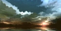  absurdres artist_name clouds cloudy_sky commentary_request forest highres iriza_katou lake landscape nature no_humans original outdoors reflection reflective_liquid scenery sky sky_focus sunrise water 