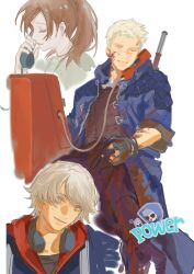  1boy 1girl 1other aged_up blood blood_on_face blue_coat blue_eyes blue_jacket brown_hair calling chinese_commentary clenched_teeth closed_eyes coat commentary_request couple devil_may_cry_(series) dress english_text from_side grey_hair head_tilt headphones high_ponytail highres holding holding_phone hood hood_down jacket kyrie_(devil_may_cry) nero_(devil_may_cry) open_clothes open_coat open_jacket phone ponytail smile standing sunglasses teeth upper_body waltherp38 