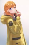 1girl absurdres bangs brown_hair coat drinking drinking_straw from_side gradient gradient_background grey_background highres hooded_coat ina_ina_rina long_hair long_sleeves love_live! love_live!_superstar!! open_clothes open_coat shibuya_kanon shiny shiny_hair solo straight_hair swept_bangs violet_eyes yellow_coat 