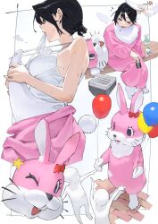  >_< 1girl alcohol balloon black_eyes black_hair commentary earrings from_side hair_between_eyes holding holding_balloon jewelry mascot_costume mi8pq multiple_views original profile rabbit short_hair smoke sweat symbol-only_commentary vest white_background white_vest 