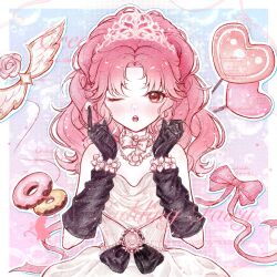  1girl bare_shoulders black_bow black_gloves blue_background blush border bow bow_choker bowtie bracelet brown_eyes bubble candy chinese_commentary choker commentary_request corset cowboy_shot cyfrost dot_nose doughnut dress eyelashes flower flower_bracelet flower_necklace food frilled_choker frills gloves gradient_background heart heart-shaped_food heart-shaped_lollipop highres icing jewelry light_particles lollipop long_hair nikki_(nikki) nikki_(series) one_eye_closed open_mouth outline outside_border parted_bangs pink_background pink_hair sample_watermark shaped_lollipop shining_nikki silky_sweet_dream_(shining_nikki) solo standing straight-on strapless strapless_dress teeth tiara too_many_watermarks upper_teeth_only waist_bow watermark wavy_hair white_border white_bow white_bowtie white_choker white_corset white_dress white_flower white_outline 