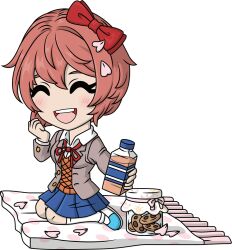  1girl ^_^ artist_request blazer blue_skirt blush bottle bow closed_eyes collared_shirt commentary cookie cookie_jar doki_doki_literature_club doki_doki_literature_club_school_uniform english_commentary food full_body grey_jacket hair_bow holding holding_bottle jacket jar kneeling long_sleeves merchandise_available neck_ribbon no_nose official_art open_clothes open_jacket open_mouth orange_sweater_vest petals picnic_blanket pink_hair pink_petals red_bow red_ribbon ribbon sayori_(doki_doki_literature_club) school_uniform second-party_source shirt shoes short_hair skirt smile socks solo sweater_vest teeth transparent_background upper_teeth_only white_shirt white_shoes white_socks youtooz 