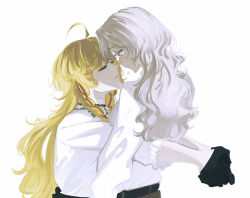  2girls ahoge arm_around_back black_gloves blonde_hair braid brown_pants closed_eyes commentary_request gloves highres imminent_kiss jewelry kani_(kaniya) long_hair multiple_girls necklace pants pearl_necklace pink_eyes profile reverse:1999 shirt tears vila_(reverse:1999) white_background white_hair white_shirt windsong_(reverse:1999) yuri 