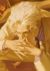  1boy black_necktie blonde_hair commentary_request diamond_wa_kudakenai highres interlocked_fingers jojo_no_kimyou_na_bouken kira_yoshikage looking_at_viewer male_focus molimolijio necktie nose own_hands_together short_hair sitting solo suit veins veiny_hands violet_eyes yellow_suit 