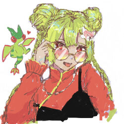  1girl adjusting_eyewear arm_at_side bad_id bad_pixiv_id braid bun_with_braided_base butter_(oshi8kyoumoh) chibi chibi_inset chinese_clothes commentary_request creature_and_personification cropped_torso double_bun flygon fox_hair_ornament glasses green_hair hair_bun hand_up happy heart highres long_hair long_sleeves looking_at_viewer looking_over_eyewear open_mouth partial_commentary personification pokemon pokemon_(creature) red-tinted_eyewear red_eyes red_shirt round_eyewear shirt sidelocks simple_background sketch smile solo_focus strap_slip tinted_eyewear tongue tongue_out twin_braids upper_body white_background 