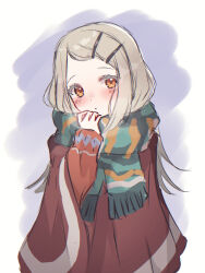  1girl absurdres aisu_kuriimu blonde_hair blush colored_eyelashes commentary_request enpera flipped_hair gakuen_idolmaster green_scarf highres idolmaster long_hair long_sleeves looking_at_viewer orange_eyes red_poncho scarf shinosawa_hiro simple_background solo 