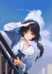  1girl absurdres arm_up black_hair black_skirt blue_shirt brown_eyes clouds highres leaning_on_rail long_sleeves looking_at_viewer low_twintails open_mouth original outdoors photo-referenced railing sailor_collar shading_eyes shirt skirt smile solo teeth twintails zutsuyaku 