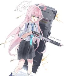  1girl ahoge ballistic_shield beretta_1301 black_gloves black_shoes blue_archive blue_necktie candy_moon777 chest_strap collared_shirt commentary gloves gun highres holding holding_gun holding_weapon hoshino_(blue_archive) long_hair necktie pleated_skirt projectile_trail shield shirt shoes shotgun sketch skirt socks solo sparks standing very_long_hair weapon white_shirt white_socks 