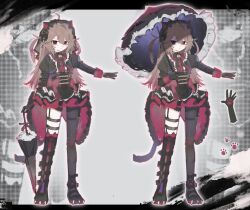  1girl ahoge alternate_costume alternate_hairstyle animal_ear_hairband animal_ear_legwear animal_ears arm_belt asymmetrical_legwear bell ben-day_dots bib_collar black_boots black_border black_gloves black_headdress black_pantyhose black_ribbon black_shirt boots border bow broken_heart broken_heart_hair_ornament brown_hair cat_ear_hairband cat_ear_legwear cat_ears cat_tail center_frills closed_mouth curled_ends evil_neuro-sama fake_animal_ears fake_claws flipped_hair frilled_shirt_collar frilled_skirt frills fukasigi64 full_body gloves gothic_lolita grey_background hair_between_eyes hair_ornament hairband heart high-low_skirt high-waist_skirt highres holding holding_umbrella juliet_sleeves letterboxed lolita_fashion long_hair long_sleeves looking_at_viewer maid_headdress multiple_thigh_straps multiple_views neck_bell neck_ribbon outside_border outstretched_arm pantyhose parasol paw_print_palms pink_thighhighs puffy_sleeves red_bow red_eyes reference_sheet ribbon screentones shade shirt single_leg_pantyhose skirt skirt_bow sleeve_cuffs sparkle standing tachi-e tail thigh-highs thigh_strap two_side_up umbrella underbust vedal_ai virtual_youtuber zoom_layer 