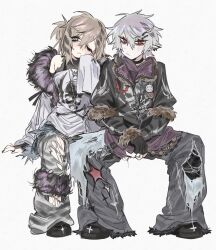  2boys alternate_costume badge bags_under_eyes black_choker black_gloves black_shoes blush brown_hair button_badge choker closed_mouth commentary cross cross_necklace ear_piercing fingerless_gloves full_body fur-trimmed_jacket fur_trim gloves grey_hair grey_jacket grey_pants grey_shirt hair_ornament hairclip head_tilt highres invisible_chair jacket jewelry kanae_(nijisanji) knife_hair_ornament kuzuha_(nijisanji) male_focus mole mole_under_eye multiple_boys necklace nijisanji one_eye_closed pants piercing pointy_ears print_shirt punk raccoon_tails_(hairstyle) red_eyes shirt shoes side_ponytail simple_background single_sleeve_past_fingers sitting sp1nosaur symbol-only_commentary torn_clothes torn_pants torn_shirt virtual_youtuber white_background 