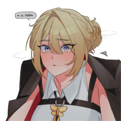  1girl absurdres after_kiss black_jacket blonde_hair blush collared_shirt commentary_request evelyn_chevalier hair_bun highres jacket jacket_on_shoulders korean_commentary korean_text lipstick makeup mizmizu27 mole mole_under_eye shirt simple_background smeared_lipstick solo speech_bubble sweat translation_request upper_body violet_eyes white_background white_shirt zenless_zone_zero 