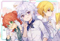  3boys adjusting_eyewear bandana bandana_around_neck bespectacled blonde_hair chocomirukuaji earrings fate/grand_order fate_(series) gilgamesh_(caster)_(fate) gilgamesh_(fate) glasses gloves green_eyes holding holding_tablet_pc jacket jewelry male_focus merlin_(fate) multiple_boys necklace pointy_ears red_eyes red_hair romani_archaman shirt sleeves_rolled_up smile sparkle striped_clothes striped_shirt tablet_pc tongue tongue_out tumblr_username vertical-striped_clothes vertical-striped_shirt violet_eyes w white_gloves white_hair white_jacket white_shirt 