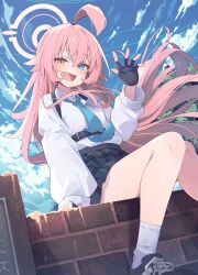  1girl :d absurdres ahoge black_shoes black_skirt blue_archive blue_eyes blue_necktie blue_sky chest_harness clouds collared_shirt commentary_request day fang floating_hair foot_out_of_frame from_below halo hand_up harness heterochromia highres hoshino_(blue_archive) huge_ahoge long_hair long_sleeves looking_at_viewer necktie open_mouth orange_eyes outdoors pink_hair pink_halo plaid_clothes plaid_skirt ring_of_light_(blue_archive) sand shirt shoes signature sitting sitting_on_wall skirt sky smile socks solo sonoji tree very_long_hair waving white_shirt white_socks 