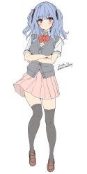  1girl absurdres black_thighhighs blue_hair blush bow breasts closed_mouth collared_shirt commentary_request crossed_arms grey_sweater_vest hair_ornament highres long_hair looking_at_viewer medium_breasts original pink_skirt pleated_skirt red_bow school_uniform shirt shoes short_sleeves simple_background skirt smile solo sweater_vest thigh-highs unasaka_ryou violet_eyes white_background white_shirt 