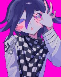  1boy blush blush_stickers checkered_clothes checkered_scarf chestnut_mouth commentary danganronpa_(series) danganronpa_v3:_killing_harmony flipped_hair hair_between_eyes hand_up highres long_sleeves looking_at_viewer male_focus medium_hair mismatched_pupils nial ok_sign ok_sign_over_eye oma_kokichi open_mouth pale_skin pink_background purple_hair ringed_eyes scarf solo two-tone_scarf upper_body violet_eyes 