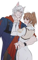  1boy 1girl absurdres arm_around_back back_cutout blue_eyes blue_jacket brown_hair chinese_commentary clothing_cutout commentary_request couple devil_may_cry_(series) dress fang grey_hair hair_between_eyes hands_on_another's_cheeks hands_on_another's_face hetero highres hood hoodie jacket jewelry juliet_sleeves kyrie_(devil_may_cry) light_blush long_dress long_hair long_sleeves multiple_rings nero_(devil_may_cry) parted_lips ponytail puffy_sleeves red_hoodie ring short_hair smile upper_body warsong_zhange white_background white_dress 
