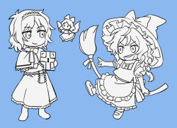  2girls alice_margatroid apron blue_background book bow braid broom broom_riding capelet closed_mouth commentary doll eye_contact frilled_hairband frilled_sash frills greyscale_with_colored_background grimoire grimoire_of_alice hair_bow hairband hat hat_bow holding holding_book kirisame_marisa lolita_hairband long_hair looking_at_another multiple_girls open_mouth re_ghotion sash shanghai_doll side_braid simple_background single_braid smile symbol-only_commentary teeth touhou upper_teeth_only waist_apron waist_sash witch_hat 