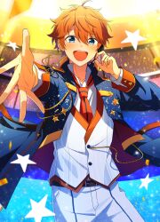  1boy absurdres ahoge akehoshi_subaru arm_up blue_eyes blue_jacket commentary_request cowboy_shot ensemble_stars! feature_scout_1_(ensemble_stars!) hair_between_eyes highres jacket long_sleeves looking_at_viewer male_focus microphone mikawa_ayumu necktie official_alternate_costume open_clothes open_jacket open_mouth orange_hair orange_necktie outstretched_arm pants short_hair smile solo stage_lights standing star_(symbol) teeth upper_teeth_only vest waistcoat white_pants white_vest 