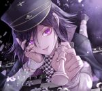  1boy bangs black_cape black_headwear cape checkered_clothes checkered_scarf chess_piece closed_mouth danganronpa_(series) danganronpa_v3:_killing_harmony dated foot_up grey_pants happy_birthday holding holding_chess_piece king_(chess) long_sleeves looking_at_viewer lying male_focus on_stomach ouma_kokichi pants pink_eyes scarf shoes smile watermark z-epto_(chat-noir86) 