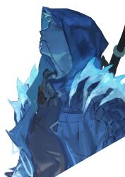  1boy absurdres blue_eyes blue_jacket chinese_commentary commentary_request devil_may_cry_(series) devil_may_cry_5 from_side highres hood hood_up jacket jewelry looking_up necklace necklace_in_mouth nero_(devil_may_cry) open_clothes open_jacket simple_background solo upper_body waltherp38 weapon white_background 