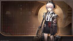  1girl absurdres ahoge anti-materiel_rifle bag beret black_gloves black_hat black_necktie black_skirt bolt_action brown_jacket chest_strap cheyanne_(girls'_frontline_2) cheytac_m200 chinese_commentary collared_shirt commentary_request copyright_notice feet_out_of_frame girls'_frontline_2:_exilium girls_frontline gloves grey_hair gun hair_between_eyes hat highres holding holding_bag id_card jacket long_hair long_sleeves low_ponytail m200_(girls'_frontline) magazine_(weapon) necktie official_art official_wallpaper open_clothes open_jacket pleated_skirt ponytail rifle shirt sidelocks skirt sniper_rifle solo standing walkie-talkie weapon white_shirt zoom_layer 