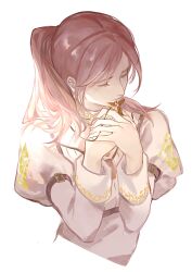  1girl absurdres brown_hair chinese_commentary closed_eyes closed_mouth commentary_request devil_may_cry_(series) dress hair_between_eyes head_tilt high_ponytail highres holding holding_jewelry holding_necklace jewelry kyrie_(devil_may_cry) long_sleeves necklace ponytail simple_background solo swept_bangs upper_body waltherp38 white_background 