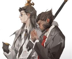  2boys black_coat black_hair black_myth:_wukong coat erlang_(black_myth:_wukong) erlang_shen furry furry_with_non-furry hair_slicked_back highres interspecies long_hair male_focus mature_male monkey_boy multiple_boys pale_skin straight_hair sun_wukong third_eye thornsdance 