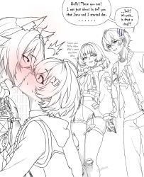  2boys 2girls absurdres ahoge animal_ear_fluff animal_ear_piercing animal_ears belle_(zenless_zone_zero) blush cat_boy cat_ears crossed_bangs english_text garter_straps gloves grey_hair hair_between_eyes hair_ornament hetero high-waist_shorts highres holding_hands jacket jane_doe_(zenless_zone_zero) kiss letter_hair_ornament mouse_ears mouse_girl multiple_boys multiple_girls necktie open_clothes open_jacket pants pantyhose police police_uniform scar scar_on_arm scar_on_shoulder self-upload seth_lowell shorts siblings signature single_garter_strap single_leg_pantyhose sketch speech_bubble surprised sweat thigh-highs torn_clothes torn_pantyhose torn_thighhighs white_kojinak wise_(zenless_zone_zero) zenless_zone_zero 