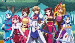 alternate_costume armor armored_dress blonde_hair blue_eyes blue_hair blue_maiden bow brown_eyes brown_hair cute deviantart_username fire gloves happy hiiragi_yuzu ice izayoi_aki kamishiro_rio kujaku_mai mazaki_anzu multicolored_hair multiple_girls pink_eyes pink_hair red_hair sincity2100 staff sword tenjouin_asuka violet_eyes warrior whip witch yuu-gi-ou yuu-gi-ou_5d's yuu-gi-ou_duel_monsters yuu-gi-ou_gx yuu-gi-ou_vrains yuu-gi-ou_zexal zaizen_aoi