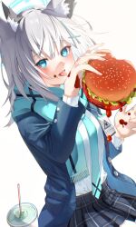  1girl absurdres animal_ear_fluff animal_ears black_skirt blue_archive blue_eyes blue_halo blue_jacket blue_necktie blue_scarf bright_pupils burger commentary_request cross_hair_ornament drink drinking_straw food hair_ornament halo highres holding holding_burger holding_food jacket ketchup lettuce marbo_(saico556) medium_hair mismatched_pupils necktie open_clothes open_jacket plaid_clothes plaid_skirt pleated_skirt scarf shiroko_(blue_archive) shirt skirt solo white_background white_hair white_pupils white_shirt wolf_ears wolf_girl 
