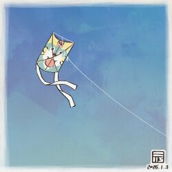  artist_logo blue_background blue_sky border dated day highres kite logo no_humans outdoors sky tama-jii tensui_no_sakuna-hime white_border y_koichi 