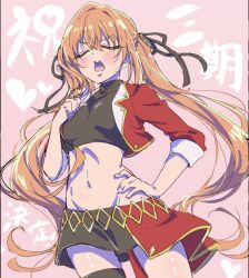  1girl belt black_shirt black_skirt blush breasts closed_eyes collared_jacket cowboy_shot crop_top cropped_jacket diamond_print embarrassed floating_hair from_below gold_belt gold_trim groin hair_between_eyes hair_intakes hair_ribbon hamuhamufa hand_on_own_chest hand_on_own_hip heart highres idol_clothes inda_karane jacket kimi_no_koto_ga_dai_dai_dai_dai_daisuki_na_100-nin_no_kanojo long_hair lowleg lowleg_skirt miniskirt navel open_mouth orange_hair pink_background red_jacket red_skirt ribbon shirt simple_background single_thighhigh skirt small_breasts solo stomach teeth thigh-highs three-quarter_sleeves twintails two-tone_skirt upper_teeth_only v-shaped_eyebrows very_long_hair 