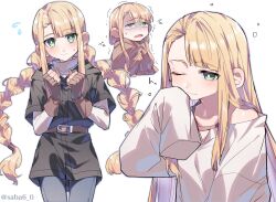  1girl black_jacket blanket blonde_hair blue_pants braid brown_gloves commentary_request dungeon_meshi fingerless_gloves gloves green_eyes highres jacket long_hair low_twin_braids marcille_donato marcille_donato_(half-foot) oversized_clothes pants saba_miso shirt squeans sweatdrop trembling twin_braids twitter_username very_long_hair waking_up white_shirt 