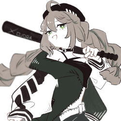  1girl :d ahoge arknights bare_shoulders baseball_bat belt beret black_choker black_hat braid brown_hair choker commentary_request crop_top cuora_(arknights) green_eyes green_jacket hair_between_eyes hat highres holding holding_baseball_bat jacket long_hair long_sleeves looking_at_viewer midriff mugioec off_shoulder open_clothes open_jacket open_mouth puffy_long_sleeves puffy_sleeves shorts simple_background smile solo twin_braids white_background 