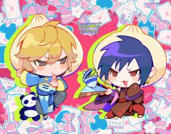  2boys :< absurdres alternate_costume arms_up black_hair blonde_hair blue_changpao blush_stickers bow brown_eyes changpao chinese_clothes closed_mouth cup dot_nose double-parted_bangs durarara!! earrings eromkk error_message eye_contact food-themed_hat full_body grey_pants hand_fan heart heiwajima_shizuo highres holding holding_fan jewelry kung_fu long_sleeves looking_at_another looking_to_the_side love_letter male_focus multiple_boys open_mouth orihara_izaya panda pants piercing red_eyes red_pants sash slippers standing standing_on_one_leg star_(symbol) stuffed_toy tea teacup twitter_username umbrella wide_sleeves 