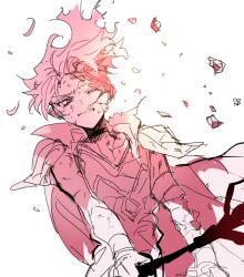  1boy bad_id bad_twitter_id cape choker commentary_request cookie_run crack cracked_skin debris fiery_hair fire_spirit_cookie holding holding_staff humanization inactive_account male_focus monochrome nana_(ebitokanimiso) one_eye_closed painttool_sai_(medium) red_theme short_hair simple_background sketch solo staff upper_body white_background 