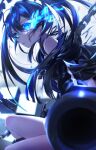  1girl black_hair black_rock_shooter black_rock_shooter_(character) blue_eyes chain hair_between_eyes highres long_hair looking_away solo soramame_pikuto twintails weapon 