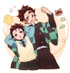  2boys arms_behind_head arms_up bird black_necktie black_pants blue_shirt blush blush_stickers brown_hair checkered_clothes chick cropped_legs demon_slayer_uniform earrings egg hand_up haori happy japanese_clothes jewelry kamado_sumihiko kamado_tanjirou kimetsu_no_yaiba leaning_to_the_side long_sleeves looking_at_viewer male_focus multiple_boys necktie pants raccoon red_eyes redhead scar scar_on_face scar_on_forehead school_uniform shirt short_hair sweater_vest time_paradox ungungzza white_background 