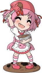  1girl ^_^ alternate_costume animal_print arm_up artist_request bandana batter blush bowl cat_print closed_eyes commentary cookie deformed doki_doki_literature_club dress english_commentary eyelashes fang food full_body hair_ornament hair_ribbon hairclip holding holding_bowl holding_spatula merchandise_available mixing_bowl natsuki_(doki_doki_literature_club) no_nose official_art open_mouth pink_bandana pink_hair pink_sash pink_shoes pink_socks puffy_short_sleeves puffy_sleeves red_ribbon ribbon sash second-party_source shoes short_hair short_sleeves smile socks solo spatula standing striped_clothes striped_socks transparent_background two_side_up white_dress youtooz 
