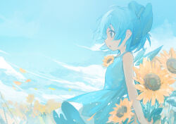  1girl blue_bow blue_dress blue_sky bow cirno clouds commentary day detached_wings dress flower hair_bow ice ice_wings neck_flower open_mouth outdoors siyumu sky sleeveless sleeveless_dress solo sunflower touhou wings yellow_flower 