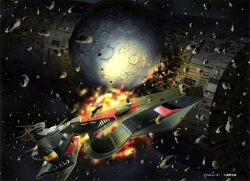  artist_request asteroid beam_cannon crash damaged debris destruction explosion gundam gundam_perfect_file gundam_zz highres magazine_scan neo_zeon no_humans o'neill_cylinder official_art painting_(medium) scan scene_reference science_fiction ship_turret space space_habitat spacecraft traditional_media zero_gravity 