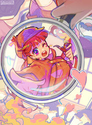  1girl alternate_costume blunt_bangs commentary_request detective gnosia hair_between_eyes heart heart_tattoo high_ponytail highres holding holding_magnifying_glass long_hair long_sleeves looking_at_viewer magnifying_glass ponytail red_eyes red_hair simple_background smile solo sq_(gnosia) tattoo toyama96 upper_body 