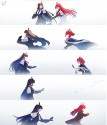  age_progression aged_up ahoge asymmetrical_horns black_hair blue_fire blue_hair cape colored_inner_hair commentary demon_horns dress elizabeth_rose_bloodflame elizabeth_rose_bloodflame_(1st_costume) english_commentary fire gloves highres hololive hololive_english horns long_hair multicolored_hair multiple_girls nerissa_ravencroft nerissa_ravencroft_(1st_costume) open_mouth paw_chie red_eyes red_hair shirt simple_background two-tone_hair uneven_horns very_long_hair virtual_youtuber white_background white_dress white_shirt 