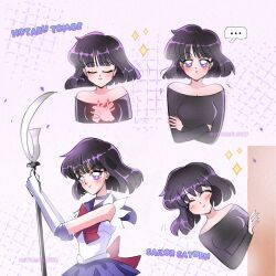  1girl bare_shoulders bishoujo_senshi_sailor_moon black_shirt blunt_ends bow bowtie character_name choker circlet commentary english_commentary highres miniskirt multiple_persona purple_choker purple_skirt red_bow red_bowtie sailor_saturn sailor_senshi_uniform shirt skirt smile stargirlseed tomoe_hotaru violet_eyes white_shirt 