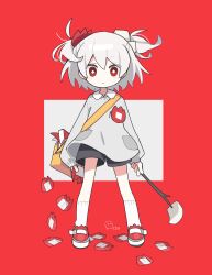  1girl absurdres aida_(aidia) bag black_shorts branch bright_pupils closed_mouth commentary_request double-parted_bangs full_body grey_shirt hair_between_eyes highres holding holding_branch long_sleeves looking_at_viewer name_tag origami original red_background red_eyes red_shoes ribbed_socks school_bag shirt shoes short_hair shorts socks solo standing two_side_up white_hair white_pupils white_socks 